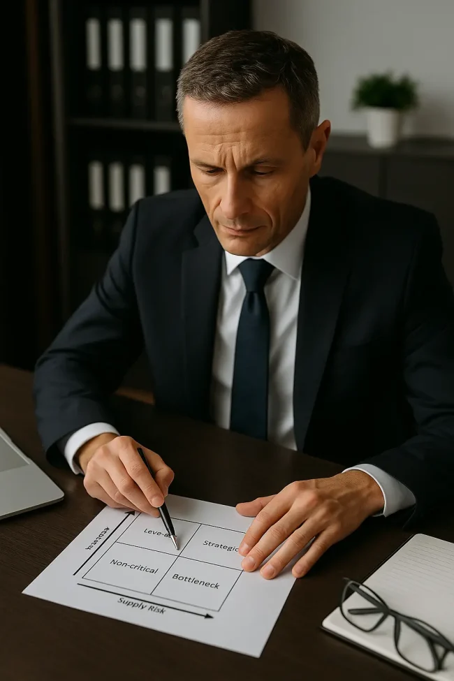 Executivo analisando a Matriz de Kraljic Executivo analisando a Matriz de Kraljic em documento impresso, ferramenta que classifica fornecedores em quadrantes estratégicos para gestão de compras.