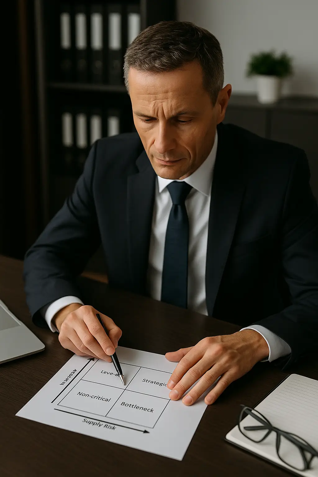 Executivo analisando a Matriz de Kraljic em documento impresso, ferramenta que classifica fornecedores em quadrantes estratégicos para gestão de compras.