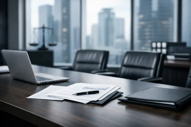 Mesa de reunião corporativa representando o processo interno de homologação de fornecedores e análise de risco nas compras