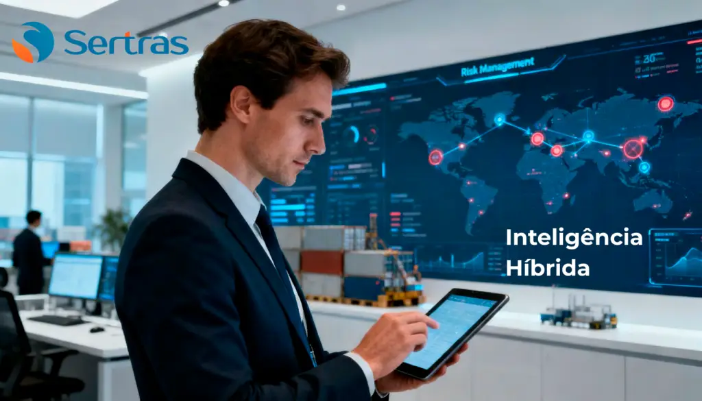 Analista especializado da Sertras operando em uma moderna Torre de Controle de riscos com o logo oficial da empresa.