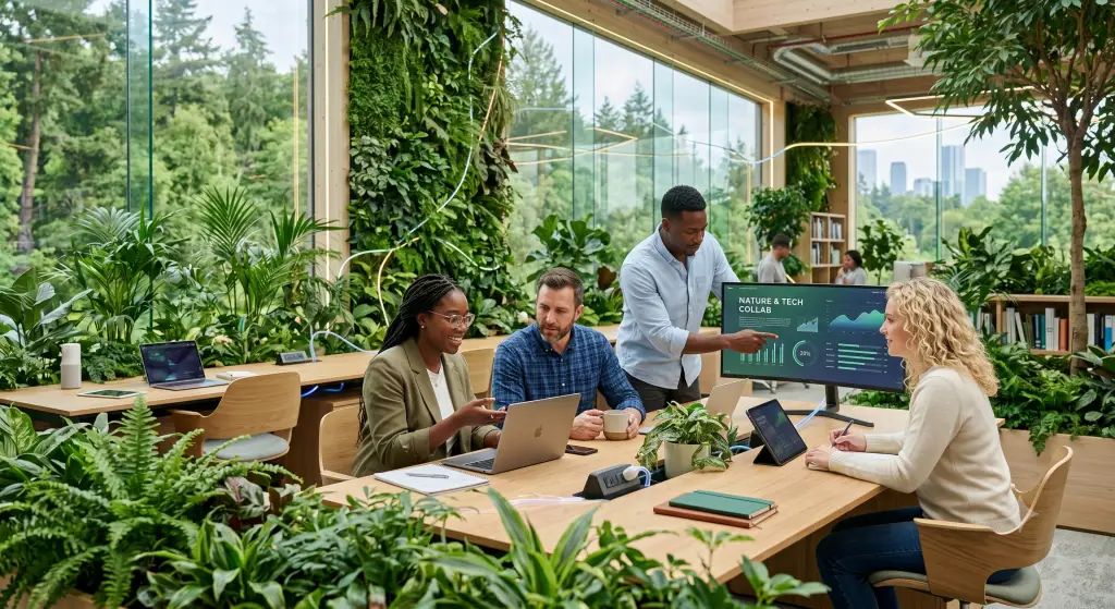 Uma equipe diversa de quatro profissionais colaborando em um escritório biofílico inovador da Sertras. No centro da imagem, uma grande parede viva de plantas e uma janela com vista para uma floresta exuberante. Um homem aponta para um monitor de computador exibindo dados ESG e o texto 'NATURE & TECH COLLAB', enquanto outros trabalham em laptops e tablets. A imagem representa a harmonia entre natureza, tecnologia e colaboração para a sustentabilidade.