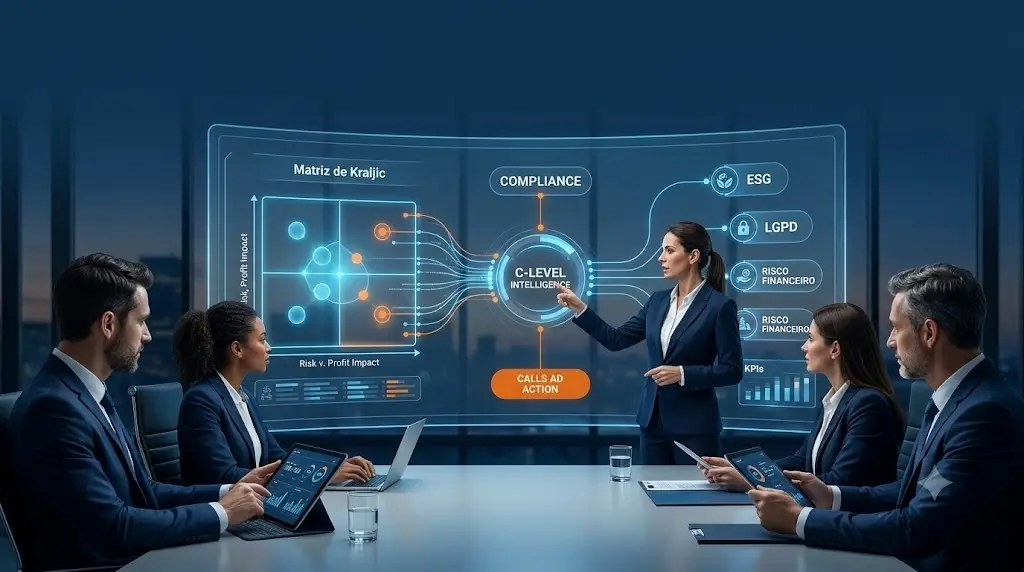 Reunião executiva em sala de conselho com painel digital de inteligência de fornecedores, conectando a Matriz de Kraljic a pilares de Compliance, ESG, LGPD e análise de risco financeiro da Sertras.