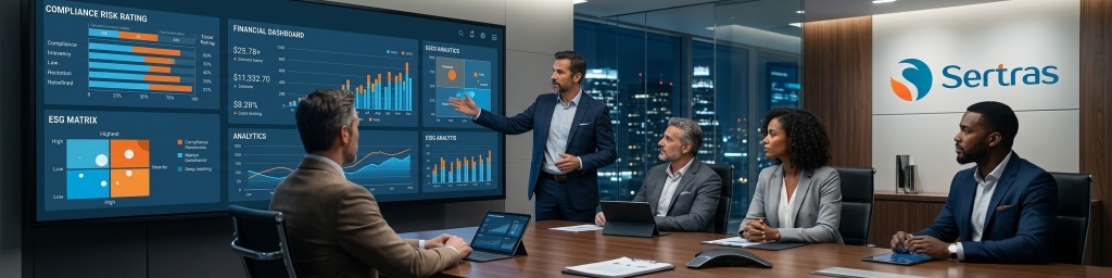 Executivos em sala de reunião tecnológica analisando dashboards de compliance, com a marca Sertras — Gestão de Fornecedores e Homologação.