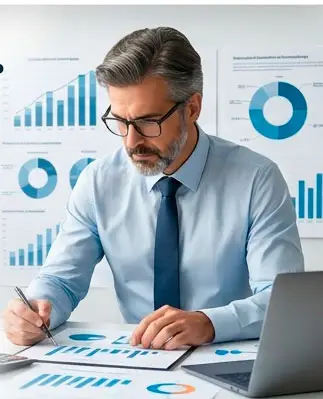 Executivo de compliance e diretoria analisando relatórios de risco e indicadores financeiros com expressão de preocupação.