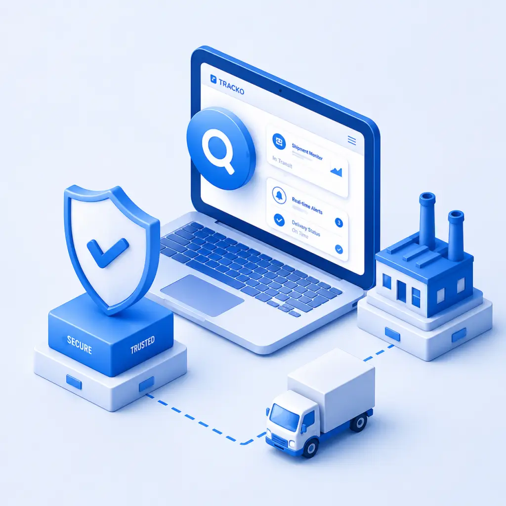 Ilustração 3D isométrica em tons de azul mostrando um notebook com sistema de rastreamento logístico, um escudo de segurança escrito "Secure" e "Trusted", um caminhão de entregas e uma fábrica.