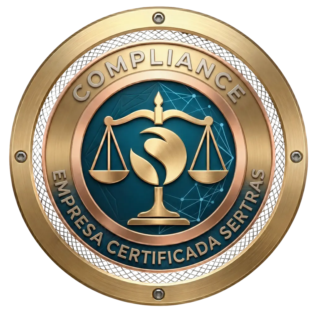 Selo circular dourado de Certificação Compliance Sertras com balança da justiça e fundo azul