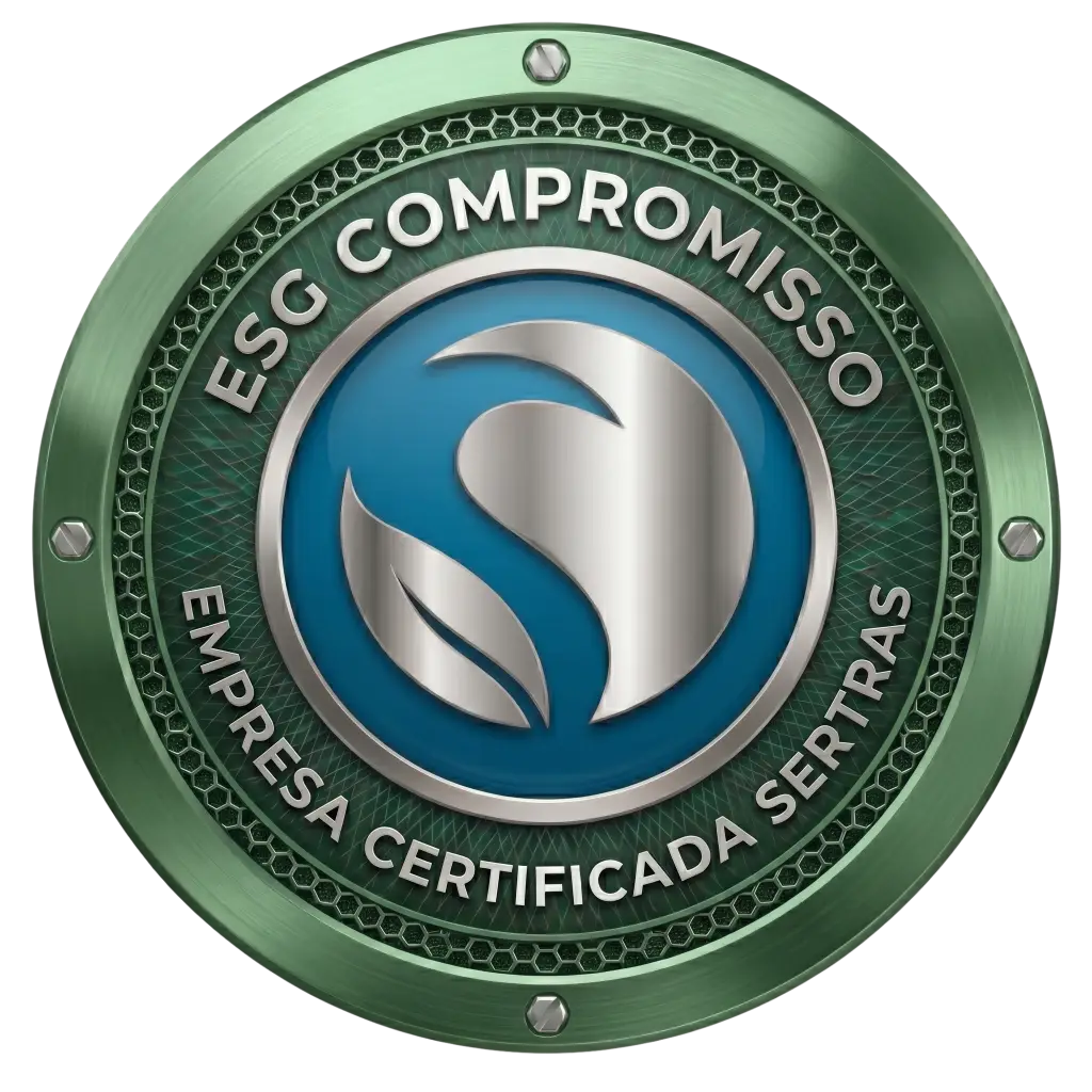 Selo circular metálico em tom verde e azul da Certificação ESG Compromisso Sertras