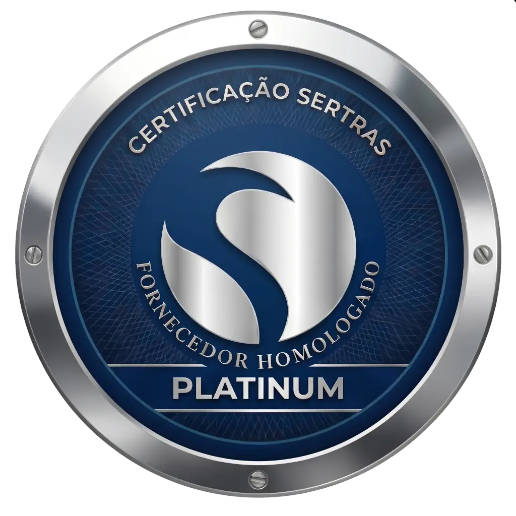 Selo de Certificação Sertras para Fornecedor Homologado nível Platinum com emblema circular prateado e azul