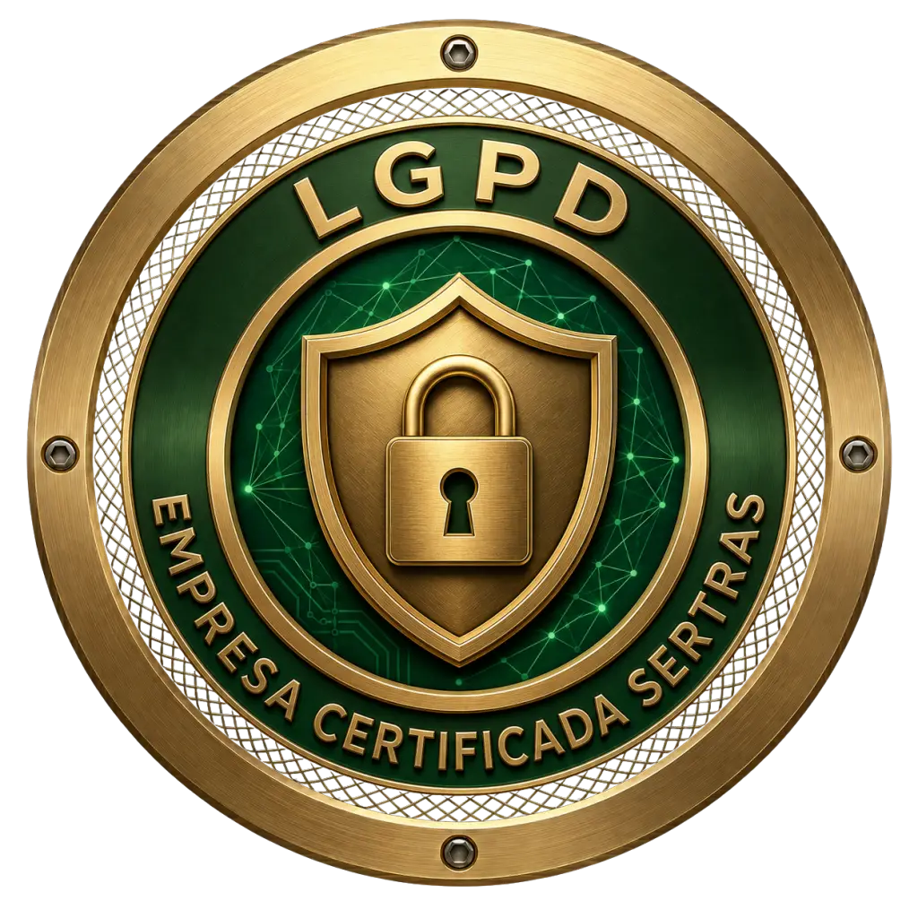 Selo circular dourado de Certificação LGPD Sertras com escudo, cadeado e fundo verde