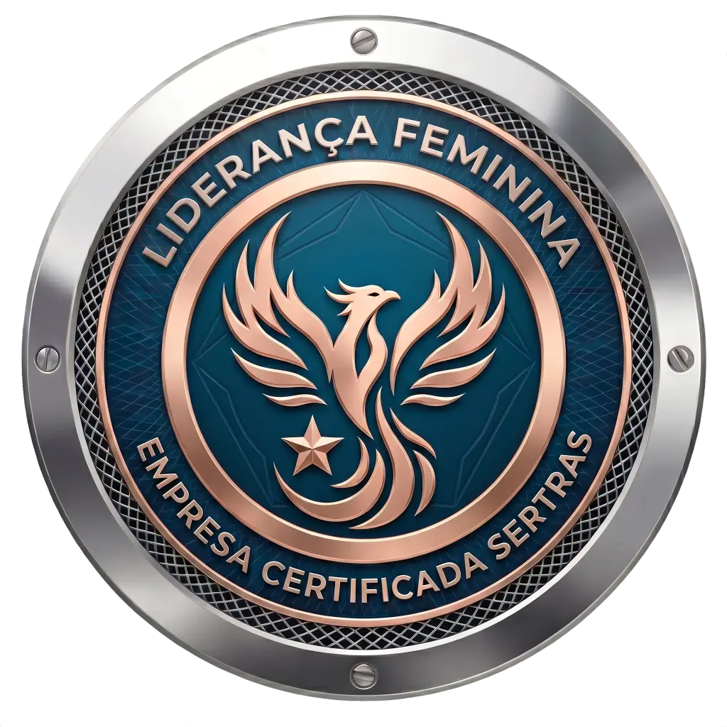 Selo circular prateado e rosé de Certificação Liderança Feminina Sertras com fênix e fundo azul