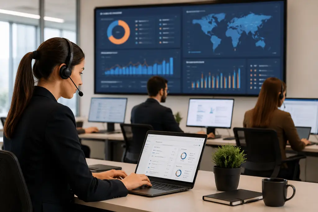 Profissional usando headset e trabalhando em um laptop em uma central de BPO, com painéis de controle, gráficos analíticos e um mapa global exibidos em telas ao fundo.