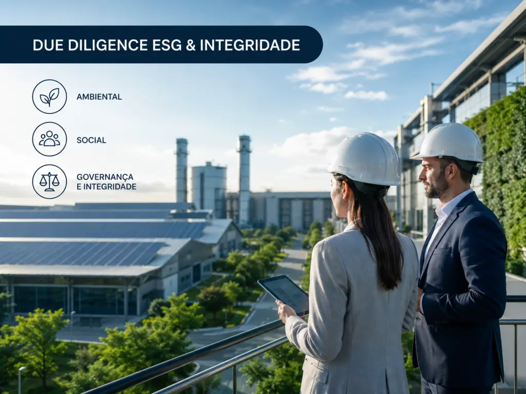 Infográfico sobre Due Diligence ESG e Integridade mostrando dois executivos de capacete em uma varanda observando um complexo industrial sustentável. À esquerda, ícones indicam os pilares Ambiental, Social, Governança e Integridade.