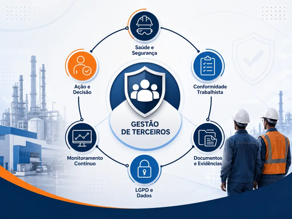 Infográfico circular sobre Gestão de Terceiros na Prática apresentando 6 pilares fundamentais: Saúde e Segurança, Conformidade Trabalhista, Documentos e Evidências, LGPD e Dados, Monitoramento Contínuo, e Ação e Decisão. Ao fundo, uma planta industrial com dois trabalhadores de capacete e colete.