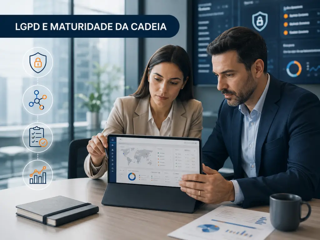 Infográfico sobre LGPD, Compliance e Maturidade da Cadeia mostrando dois executivos analisando relatórios em um tablet em uma sala de reunião. À esquerda, ícones destacam segurança da informação, rede de fornecedores, conformidade e crescimento.