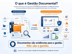 Infográfico explicativo com o título "O que é Gestão Documental?". À esquerda, mostra o processo de coleta, organização e validação de contratos e certidões. À direita, exibe painéis digitais de Gestão de Fornecedores focados em riscos e conformidade. Na base, destaca a frase: "Documentos são evidências para a gestão. Não são a gestão."