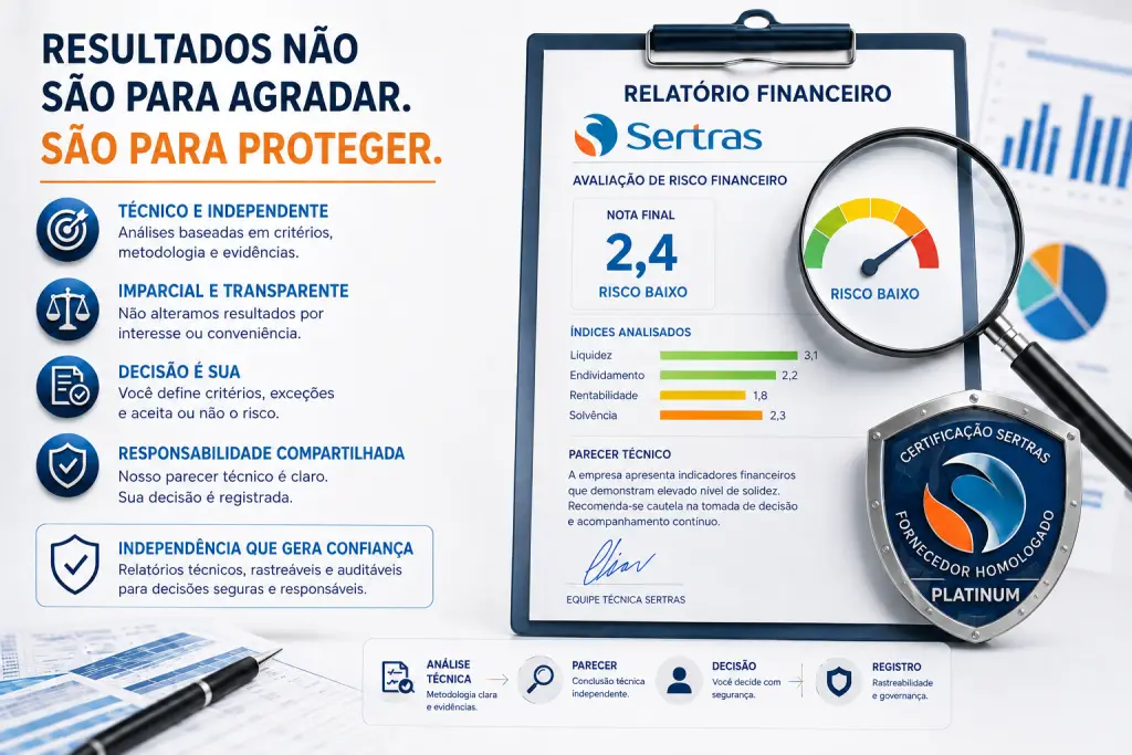 Infográfico da Sertras com o título "Resultados não são para agradar. São para proteger." À direita, uma prancheta exibe um relatório de avaliação de risco financeiro indicando nota 2,4 (Risco Alto) sob uma lupa, acompanhado do selo de Análise Técnica Independente.