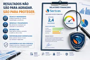 Infográfico da Sertras com o título "Resultados não são para agradar. São para proteger." À direita, uma prancheta exibe um relatório de avaliação de risco financeiro indicando nota 2,4 (Risco Alto) sob uma lupa, acompanhado do selo de Análise Técnica Independente.