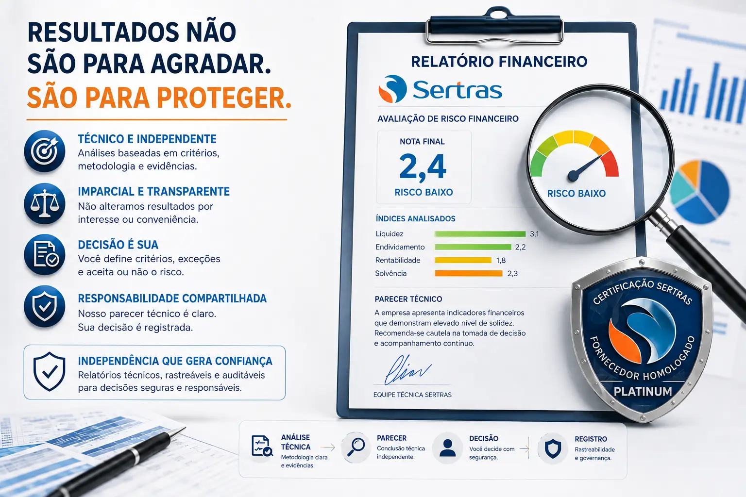 Infográfico da Sertras com o título "Resultados não são para agradar. São para proteger." À direita, uma prancheta exibe um relatório de avaliação de risco financeiro indicando nota 2,4 (Risco Alto) sob uma lupa, acompanhado do selo de Análise Técnica Independente.