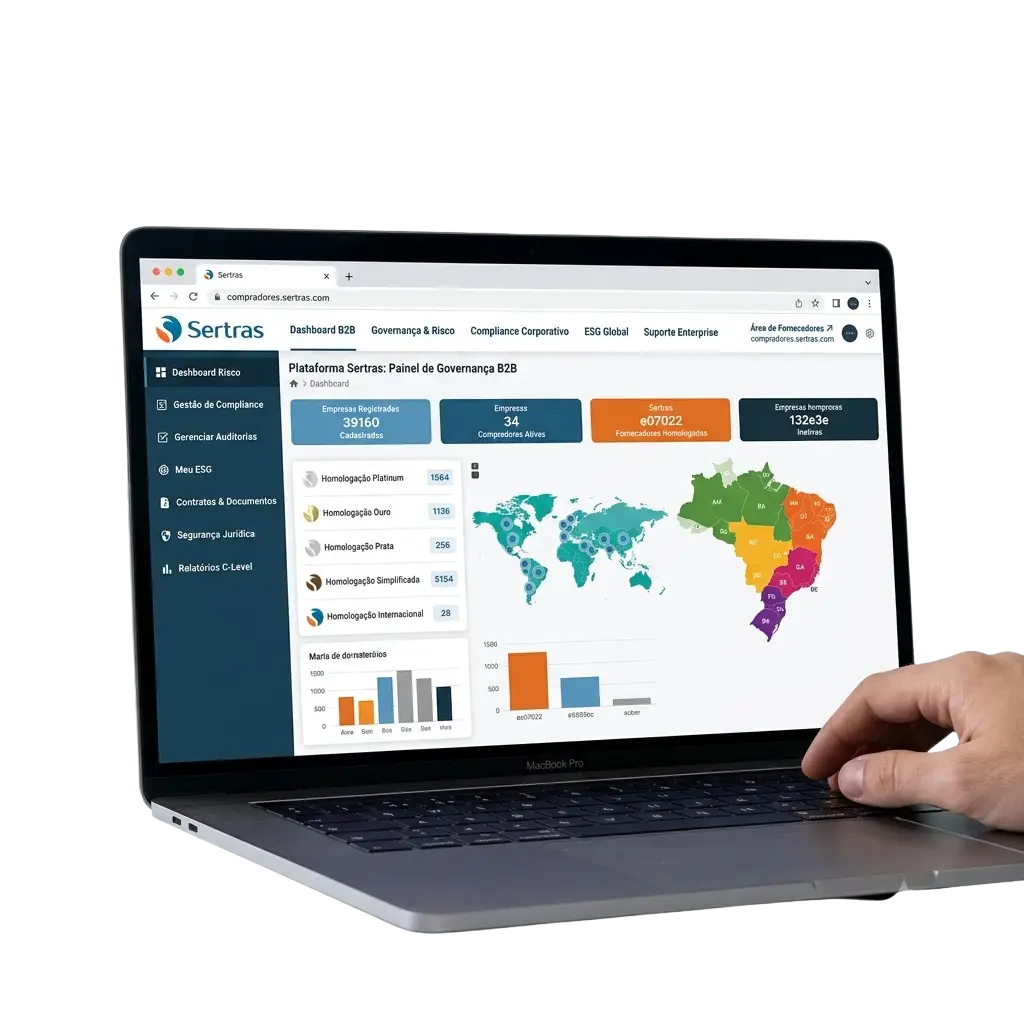 Notebook exibindo o painel do BPO de gestão de fornecedores da Sertras, com métricas de homologação, risco de terceiros e distribuição geográfica.