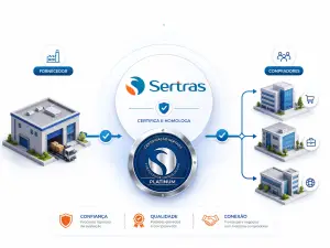 Infográfico do serviço de homologação Sertras conectando um fornecedor a múltiplos compradores através do selo Certificação Sertras Fornecedor Homologado Platinum, destacando os pilares de Confiança, Qualidade e Conexão.